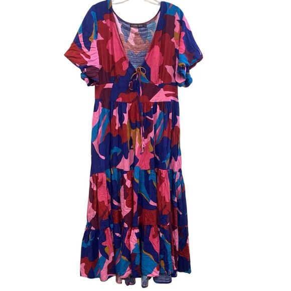 Mister zimi Zuri rayon colorful V-Neck midi dress balloon sleeve size 10 #720 - Picture 3 of 13